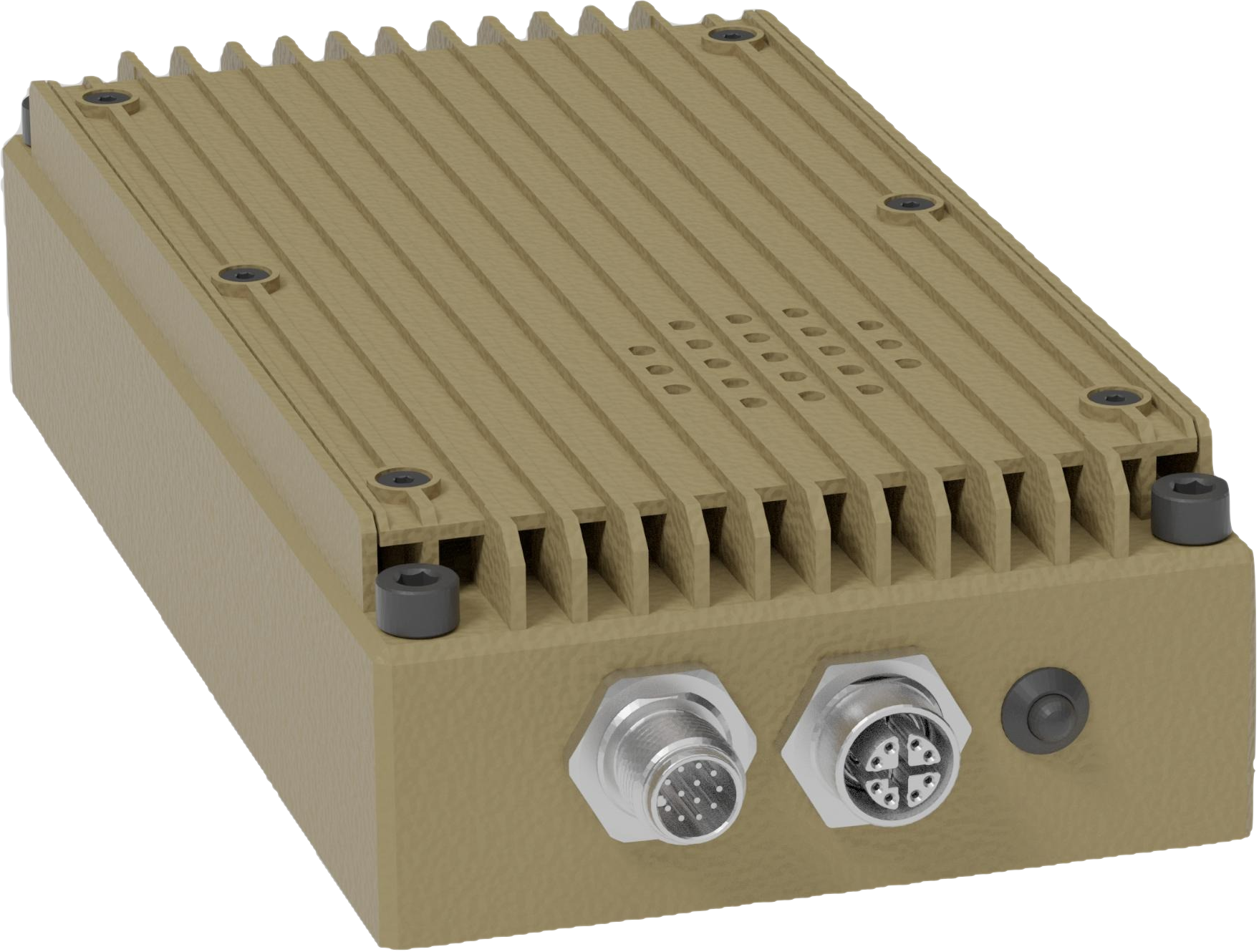 COYOTE rugged RF edge processing platform — a compact, coyote-tan ruggedized enclosure with heat-sink fins and sealed M12 connectors.